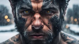Double exposure, Wolfman, photorealism, man, city, sunset, snow, rain, fantasy, mystical, tattoo, vertical pupils, high detail, high resolution, 8K