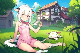 Farm, green grass, house, girl,white hair , sit on grass, cow's tail, cow's horne , cow's under, pink stomach, sweats, small breasts