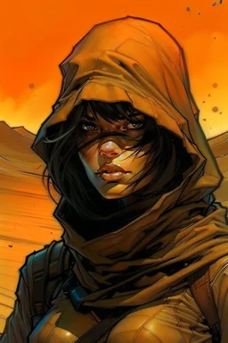 create a fine art print illustration of a rugged gritty, roughly textured, hooded, black clad and dusty Fremen female mercenary with highly detailed feminine facial features, amidst the billowing desert storms of Arrakis, in the comic book art style of Bill Sienkiewicz, and Jean Giraud Moebius, finely textured, drawn, colored, and inked,