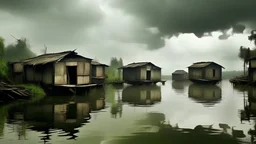 floating shanty houses grouped on a lake under a sky that threatens rain, also some small fishing boats working among some trees and plants that emerge from the plane of the water, cold, humid and threatening at the same time poetic environment, image taken from a low point of view