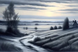 deseneaza un o imagine in tempera ,cu lumini si umbre, cu linii oblice , cu outlinii de contrast la culori ,cu mare acuratete si contrast ,reprezentand o mlastina dintr-un sat din scotia , iarna cu ninsoare si ceata , stil pictura pe sticla