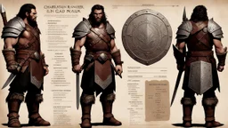 character concept sheet with AD&D statistics and characteristics, [vintage style noisy scratches glitches, Shot the texture and then rewound the film and double exposed the face] a Barbarian ranger with his leather armour, his broad sword and his small iron shield