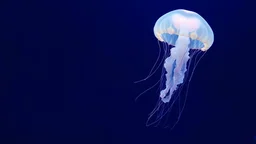 The image is a digital photograph depicting a marine scene with two translucent jellyfish swimming gracefully against a dark blue background. The jellyfish have a soft, glowing appearance with long, descending tentacles and a slightly pinkish hue on their bell-shaped tops. The layout is horizontal, which conveys the ethereal movement of the jellyfish.