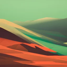 a distant hooded figure. red gold and green landscape. some smoke