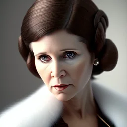 actress carrie fisher with short hair, fur coat, 17th century, dark setting, insanely detailed, 16k resolution, perfect eyes, round pupil, cinematic smooth, intricate detail, painted Renaissance style