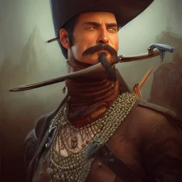 portrait,"Insanely detailed photograph of a eye patch male western mustachioed crossbowman", detailed charro and Sombrero, digital painting, cigar, artstation, concept art, sharp focus, illustration, art by artgerm and greg rutkowski and alphonse mucha, 8 k,fantasy, unreal engine