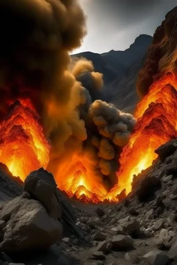fire explosion under cracked mountains rocks