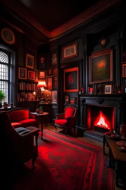 Inside an old gothic Victorian home that is decorated in all black, paintings on the wall, bookshelves everywhere, and a warm inviting fireplace off to the side. The interior looks well-loved, well used and well taken care of. The photo should have an atmospheric feel to it.