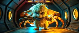air brush 3d with pen outline,spaghetti boss gunslinger western fluffy elder gremlin edgy hero with slightly glowing eyes in front of glistening space crab, shallow depth of field, warm lantern, pin hole cam in doll house space ship, bottom floor board edge border