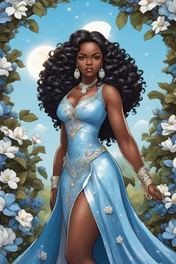 create a comic book art image of a curvy size dark skinned Black female wearing a light blue maxi dress with sparkle white cowboy boots. Prominent make up with brown eyes, she is wearing light blue feather tassel earrings and lush lashes. extremely detailed tight curly long hair . background of blue and silver magnolia flowers everywhere