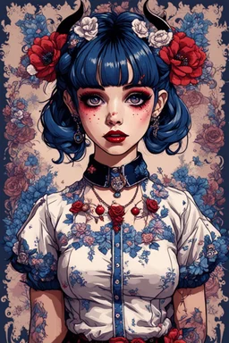 wears a smart shirt which is embroidered with bluered flowers and ornaments, has dark eyes and horns,Poster in two gradually, a one side malevolent goth vampire girl face and other side the Singer Melanie Martinez face, full body, painting 90's movie , pixel art , for a retro gaming 2D style by Yoji Shinkawa, darkblue and sepia tones,