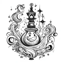 Make black and white cute drawing of a jinn with black bold lines. Only outline, no grayscale. An oriental djinn emerging from an antique lamp, surrounded by swirling smoke filled with stars and crescent moons. The djinn has a mischievous yet kind expression.
