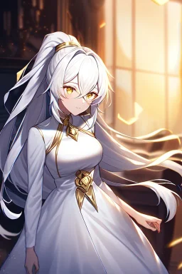 girl, masterpiece, best quality, cinematic lighting, detailed outfit, vibrant colors, perfect eyes, long hair, white hair, golden eyes, ponytail, messy hair, gold and white outfit, hair between eyes, indoors, depth of field, ray tracing,