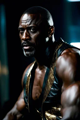 idris elba x morris cheshunt as a handsome dark skinned and muscular heavy set man with a shaved head and neatly trimmed beard. he is wearing a leather waistcoat and no shirt. he has a gold earing in his left ear