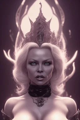 Pamela Anderson as evil queen in black leather, leather, busty, cleavage, angry, stern look. character design by cory loftis, fenghua zhong, ryohei hase, ismail inceoglu and ruan jia. unreal engine 5, artistic lighting, highly detailed, photorealistic, fantasy