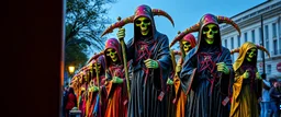 multi colored, bright, vivid, psychedelic, high detailed, high gloss, insanely detailed, matte, horrorcore, lining the street, unsettling contrast, monument to death, grim reaper parade