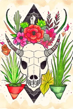 Gemstones, bull skull and house plants graphic
