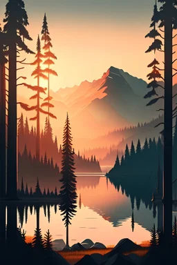 Stylized image of a forest, near a serene lake and mountains in the background at sunrise