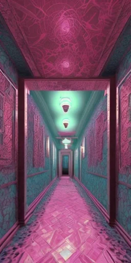 liminal dark hotel hallway flooded pink turquoise