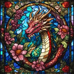 Plenary Dragon in floral stained glass portrait art style