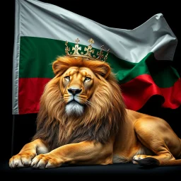 Create A hyper-realistic highly detailed, image of a majestic lion lying down, wearing a royal crown. The lion's fur should be rich and textured, with a regal and powerful presence. Behind the lion, the big flag of the Republic of Bulgaria(white, green,red) waves gracefully, its white, green, and red colors vivid and well-defined. The background should be an elegant, deep black, creating a striking contrast that enhances the grandeur of the lion and the flag. The lighting should be drama