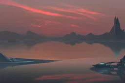 distant city, cars, sunset, lake, sci-fi, epic