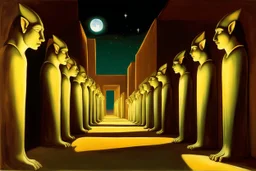 at night in an alley with noctilucent glass art sphinxes on both sides, torches, on a desert planet, perspective, centered, symmetry, vanishing point,by artist "William Merrit Chase",glass art