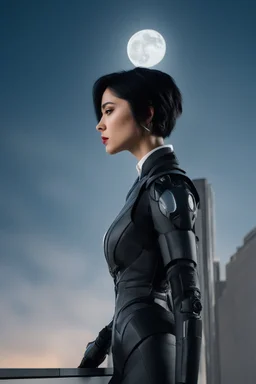 Photo Of A slim Woman With Black Hair, Wearing An android-looking suit, standing sideways On A Ledge of a building, With A waning moon Behind Her Head