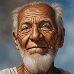 Un retrato hiperrealista de un anciano sabio con un rostro curtido. La textura de la piel está increíblemente detallada, mostrando cada arruga y línea de expresión. Los ojos son de un azul profundo como el océano, reflejando una vida de experiencias. La iluminación es suave y difusa, destacando el cabello plateado y los movimientos sutiles de una sonrisa tierna.