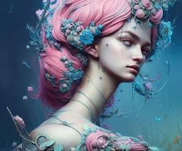 Insanely detailed photography of head and shoulder or a young beautiful goddess , intricate and hyper detailed painting by Ismail Inceoglu Anna Dittmann and Alexander Fedosov CGSociety ZBrush Central fantasy art album cover art 4K 64 megapixels 8K resolution HDR. Background garden, water, blue, pink