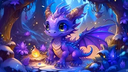 A beautiful Christmas card, a cute purple dragon, purple dragon chibi with Christmas gifts magic forest, spring, snowdrifts, Christmas tree portrait, night, wild magic, sparks, dark, glowing, soft colors, ray of light, big eyes, reflective eyes, perfect eyes, anime style, complex detailing, fantasy, concept-art, digital art, sophisticated, masterpiece, expert, insanely detailed, 32k, cinematic