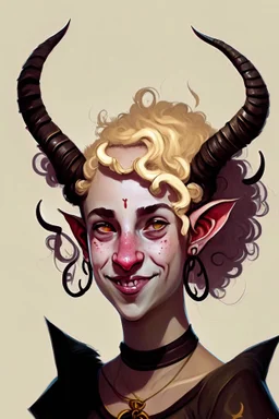 A young tiefling woman with a set of ram horns and a set of twisted gazelle horns on her head. Blonde, short curly hair, black eyes with no pupils, she is happy