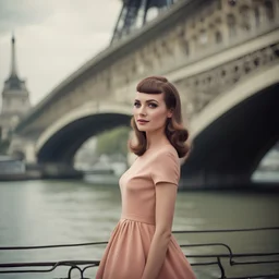 young beautiful woman, hairstyle in the style of the 60s, looking to the side, dressed in the fashion of the 60s, full length, against the backdrop of the embankment in Paris, Polaroid film, natural colors, photo