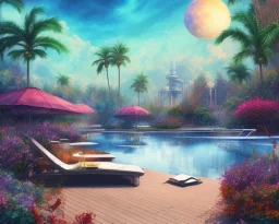 landscape, watercolor, relaxing by poolside, summer, synthwave, cocktails