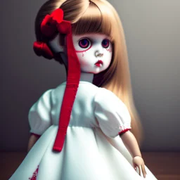 A girl's doll wearing a white dress with red blood bleeding from the back