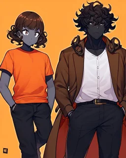 Anime manga style, Black skin boy, with dark brown curly hair, wearing red and orange clothes and black jeans, always with one hand in his pocket, looking a little irritated