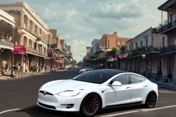 A Tesla 'Model S' is racing at top speed, on the streets of New Orleans. (CINEMATIC, WIDE ANGLE LENS, PHOTO REAL)