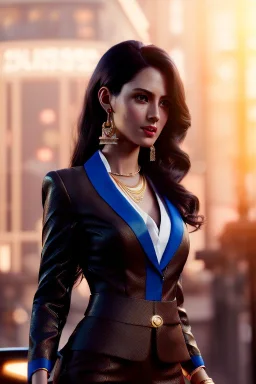 Young business woman, dark brown hair, elegant hair, blue eyes, gold hoop earrings, waist up portrait, 8k resolution, intricate details, ornate details, soft lighting, vibrant colors, retroanime, masterpiece, realistic, intricate eyeliner, dark eyeshadow, eyes,futuristic cityscape background
