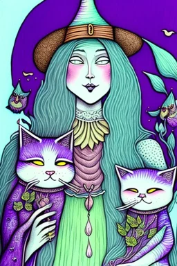 Friendly witch, playing with cats, perfect iris, ink and pencil, pastel colours, style Arik Brauer