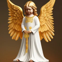 white angel with gold ornaments and hands on hips