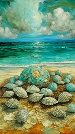 A turquoise island with seashells painted by Vincent van Gogh