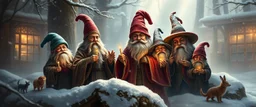 Dynasty family in winter glow, master oil painting by Rembrandt, arts magica spy gnomes soap opera poster, huge multi level archive, library, woodland creatures, motion blur, background mist, light beam from windows