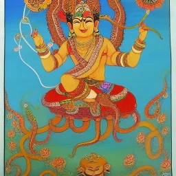 graceful indian god of flowers riding on an octopus tibetian painting style