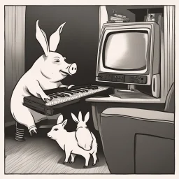 pig watching a tv with a rabbit playing music besinski style