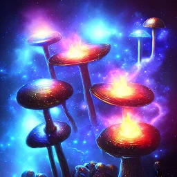 metal MUSHROOMs stars galaxy SPACE lANDSCAPE BURNING IN BLUE FLAMES hellfire abyss Faust sword wings