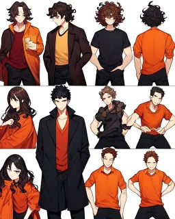 Anime manga style, Black boy with dark brown curly hair, wearing red and orange clothes and black jeans, always with one hand in his pocket, looking a little irritated