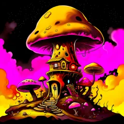 A fantabulous black, yellow, and pink (((mushroom tower house))) erected atop a (geologic pillar), surrounded by the uncanny imaginative ((( swirling skies))), offset by the stark hues of a (neon-tinged nebulous space scape), within. captured by the hand a skilled master painter with a focus on (softly blurred compositions and voluminous lighting).