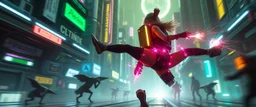 cyberpunk space city, in valley, close up on A space pirate priest rogue cowboy girl biker with disco ball rocket shooting sparks backpack named Daisy started doing the splits, Blew a fuse in his hips and short-circuited his bits, The Martian fluffy gremlins went wild, the Plutonians dogs screamed, Even black-and-white aliens turned ultraviolet green! in the style of fallout 4 and HR Giger, background motion blur , and volume fog spot lights