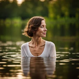 photography of a beautiful and happy anorexic woman, standing in lake water, eyes closed, meditation, white top, yoga flyer, brunette short wavy bob haircut, serenity, misty, relaxing image