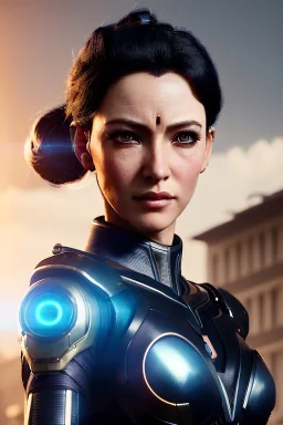Middle age female Cyborg anime warrior, orange eyes, gray hair with dark blue hair, ponytail hairstyle, waist up portrait,4k resolution, intricate details, ornate details, soft lighting, vibrant colors, retroanime, masterpiece, intricate eyeliner, dark eyeshadow, futuristic cityscape background